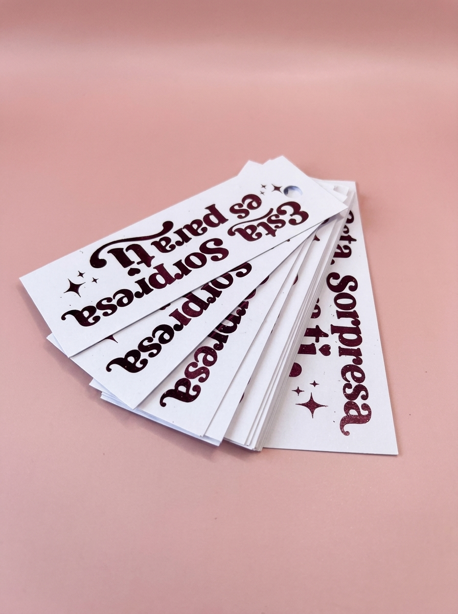 Tags personalizados con foil — 3 × 9 cm